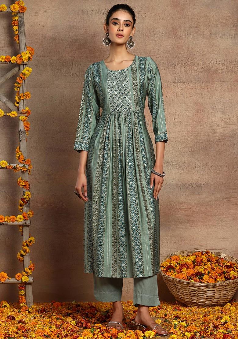 Sage Green Abstract Print Muslin Kurta With Pants (Set of 2)