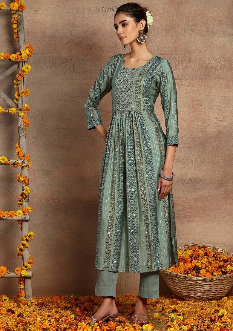 Sage Green Abstract Print Muslin Kurta With Pants (Set of 2)