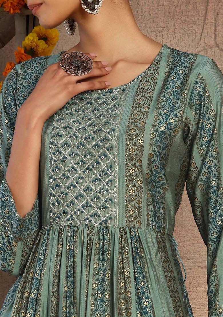 Sage Green Abstract Print Muslin Kurta With Pants (Set of 2)