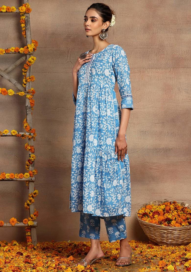 Blue Floral Print Cotton Kurta With Printed Pants (Set of 2)