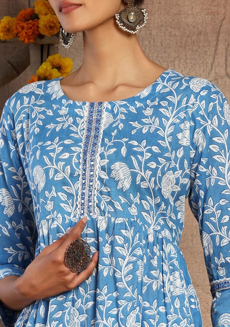 Blue Floral Print Cotton Kurta With Printed Pants (Set of 2)