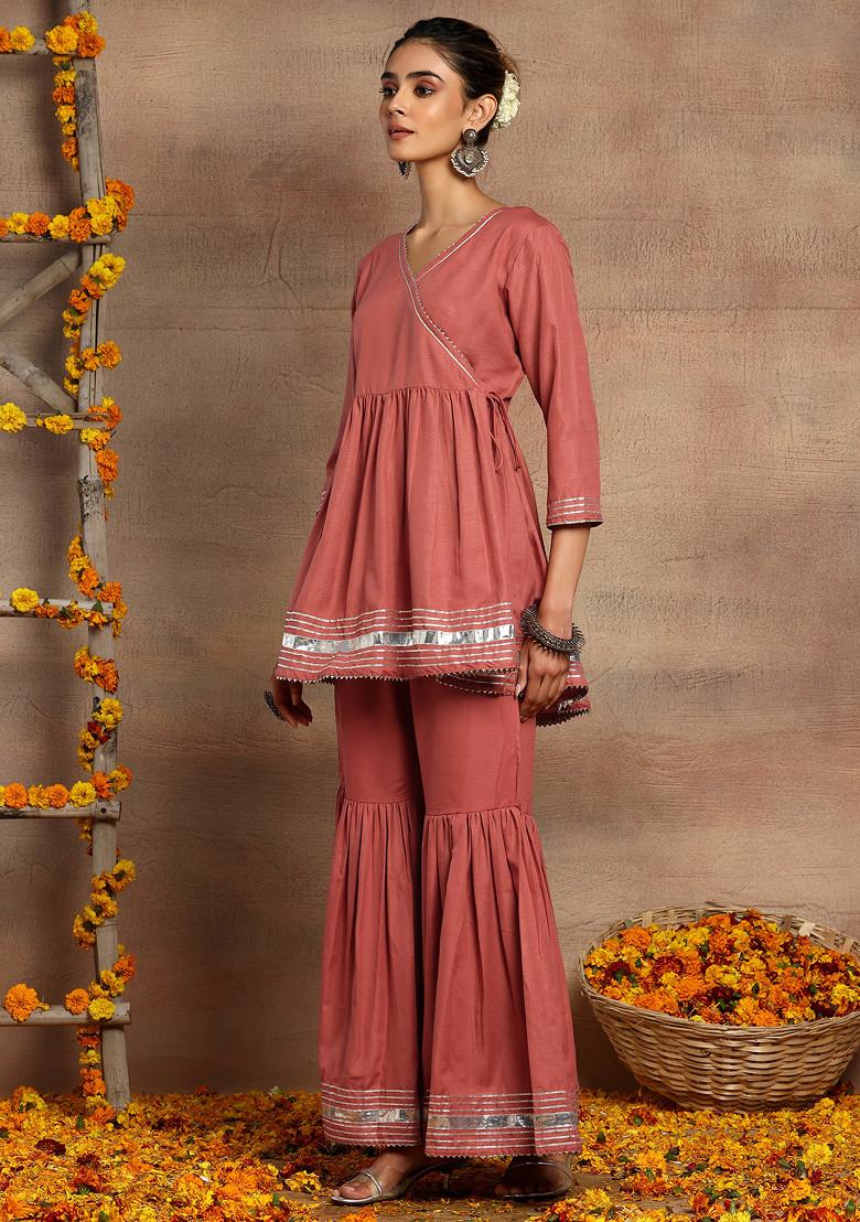 Pink Gota Lace Sharara With Short Angrakha Kurta (Set of 2)