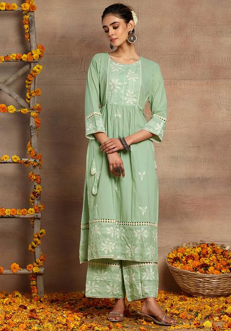 Mint Green Embroidered Cotton Kurta And Pants (Set of 2)