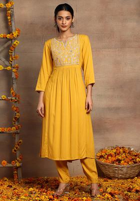 Yellow Embroidered Rayon Kurta With Pants (Set of 2)