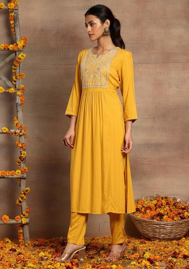 Yellow Embroidered Rayon Kurta With Pants (Set of 2)