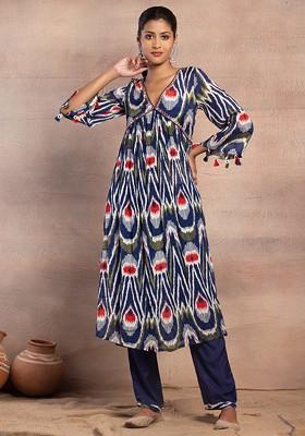 Blue Abstract Print Mirror Embroidered Kurta With Pants (Set of 2)