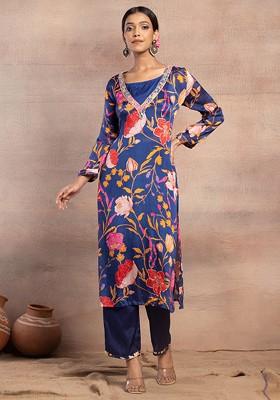 Dark Blue Floral Print Sequin Embroidered Kurta With Pants (Set of 2)