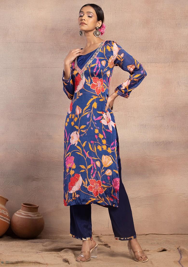 Dark Blue Floral Print Sequin Embroidered Kurta With Pants (Set of 2)