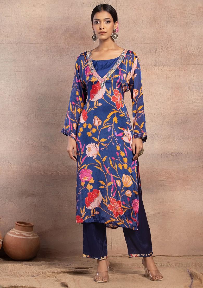 Dark Blue Floral Print Sequin Embroidered Kurta With Pants (Set of 2)