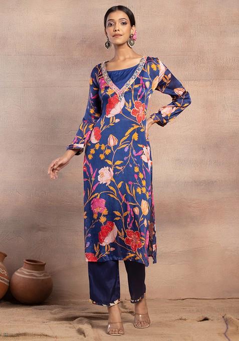 Dark Blue Floral Print Sequin Embroidered Kurta With Pants (Set of 2)