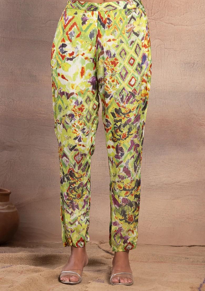 Green Abstract Print Embroidered Kaftan Kurta With Pants (Set of 2)