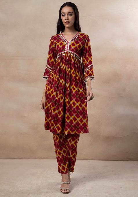 Multicolour Ikat Print Cotton Kurta With Pants (Set of 2)