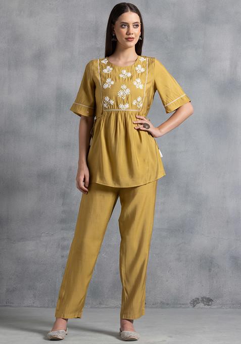 Yellow Floral Embroidered Short Kurta With Pants (Set of 2)