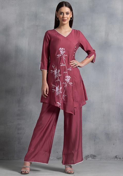 Dusty Pink Floral Embroidered Kurta With Palazzo Pants (Set of 2)