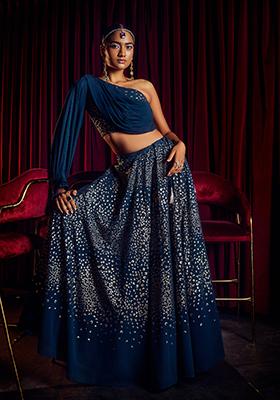 Teal Foil Print Lehenga And One Shoulder Blouse With Attached Drape (Set of 2)