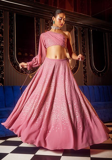 Pink Foil Print Lehenga And One Shoulder Blouse With Attached Drape (Set of 2)