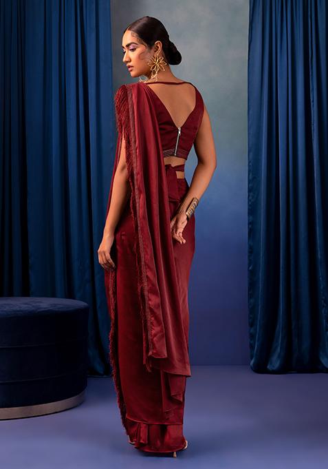 Women's Chiffon Red Zari Embroidered Designer Saree With Blouse Piece