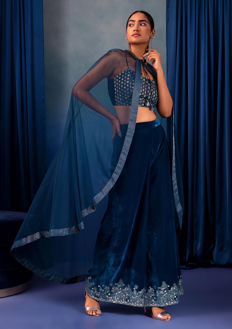 Buy Women Teal Blue Embroidered Velvet Flared Pants With Crop Top 