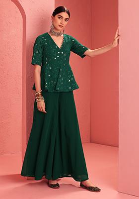 Emerald Sharara Set With Embroidered Peplum Top (Set of 2)