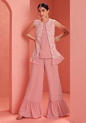 Pastel Pink Sharara With Embroidered Layered Top (Set of 2)