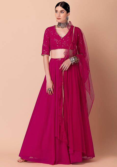 Buy Women Fuchsia Pink Mesh Ruffled Dupatta - Indya Dupattas - Indya