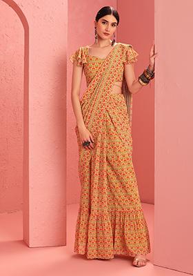 Yellow Floral Tiered Pre-Stitched Saree