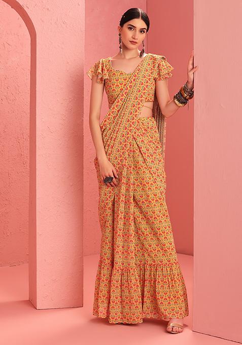Yellow Floral Tiered Pre-Stitched Saree (Without Blouse)
