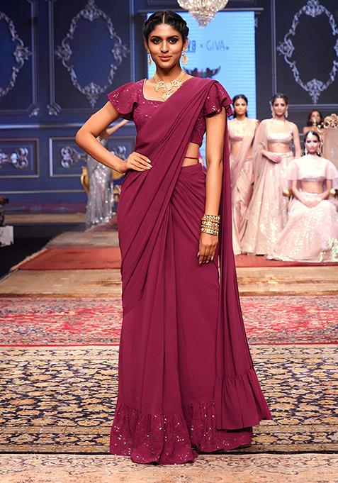 Wine Sequin Embroidered Tiered Pre-Stitched Saree (Without Blouse)