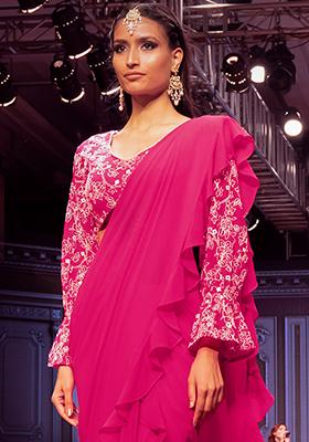 Hot Pink Mirror And Thread Embroidered Blouse