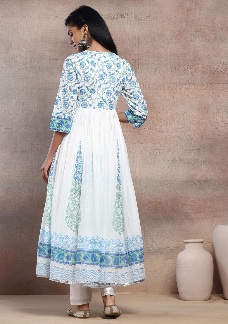Off White Block Print Embroidered Cotton Anarkali Kurta