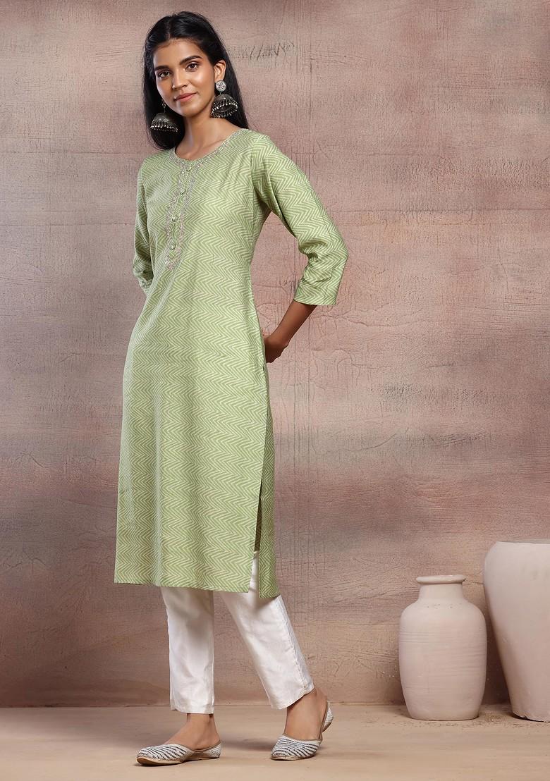 Light Green Bandhani Print Embroidered Neck Straight Kurta