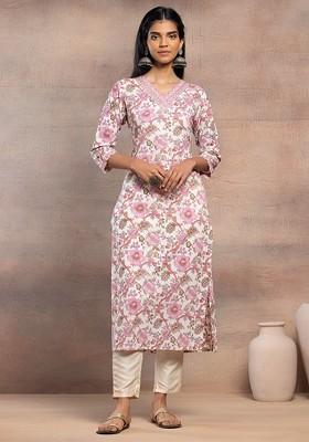 Off White Floral Print V-Neck Cotton Kurta