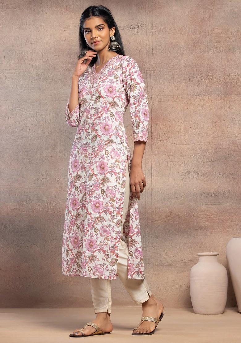 Off White Floral Print V-Neck Cotton Kurta