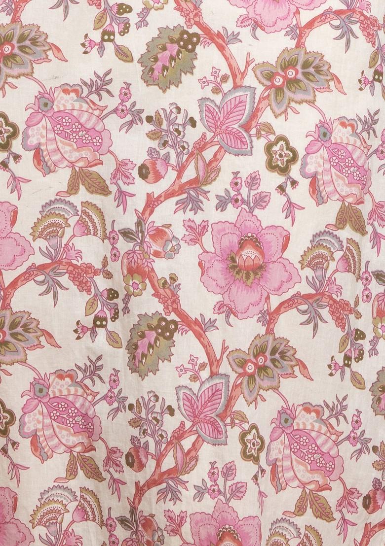 Off White Floral Print V-Neck Cotton Kurta