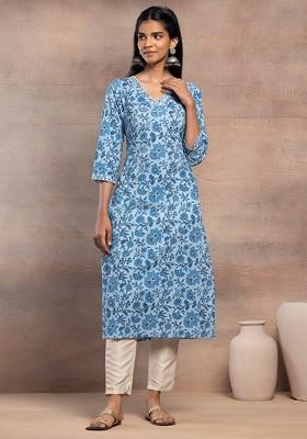 Blue Floral Print V-Neck Cotton Kurta