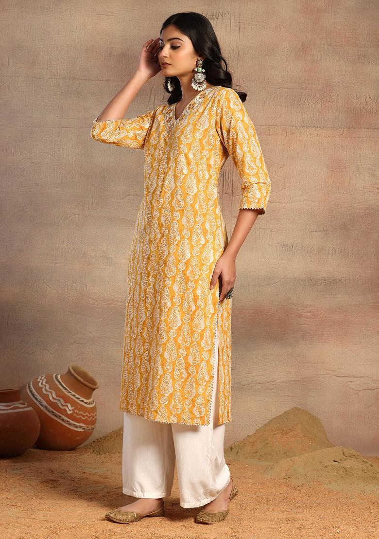 Mustard Yellow V-Neck Paisley Print Cotton Kurta