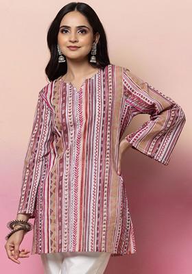 Pink Stripe Print Cotton Short Kurta