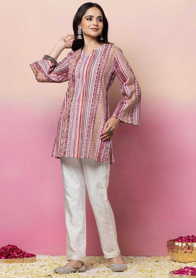Pink Stripe Print Cotton Short Kurta