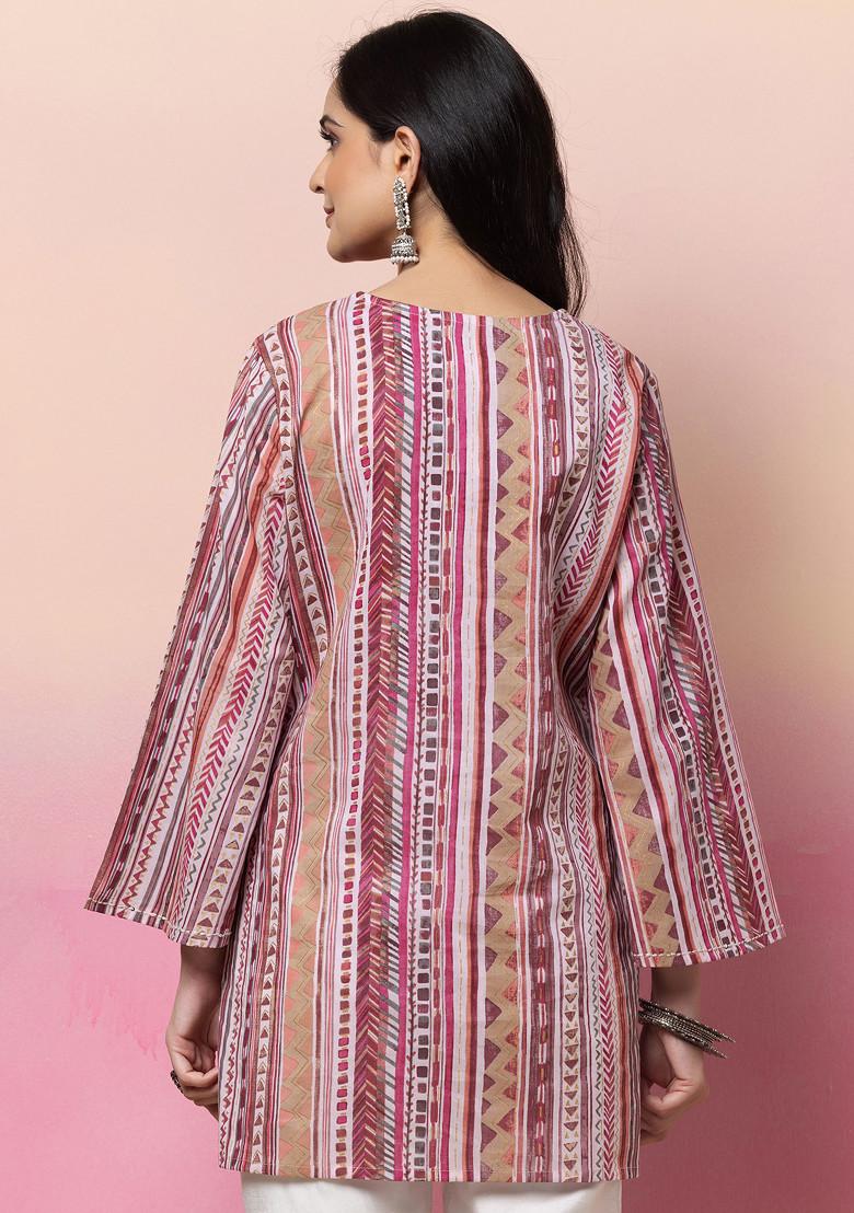 Pink Stripe Print Cotton Short Kurta