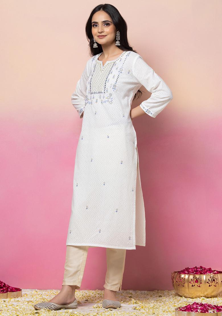 White Mirror And Thread Embroidered Straight Kurta