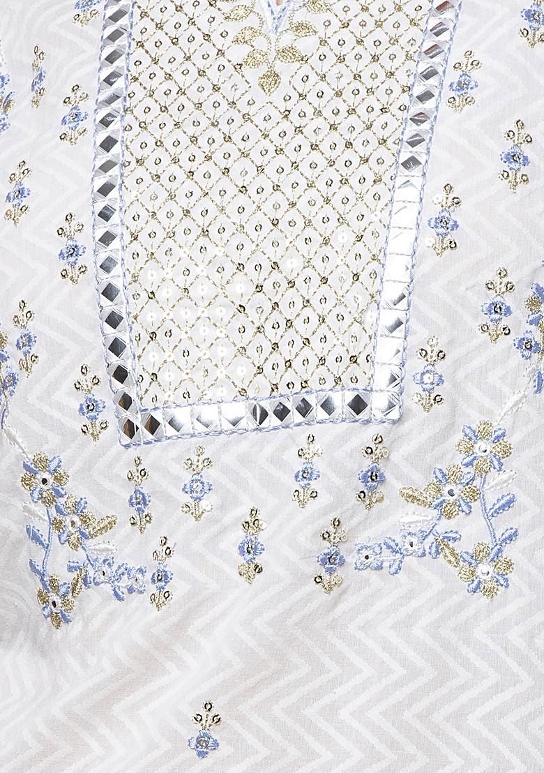 White Mirror And Thread Embroidered Straight Kurta