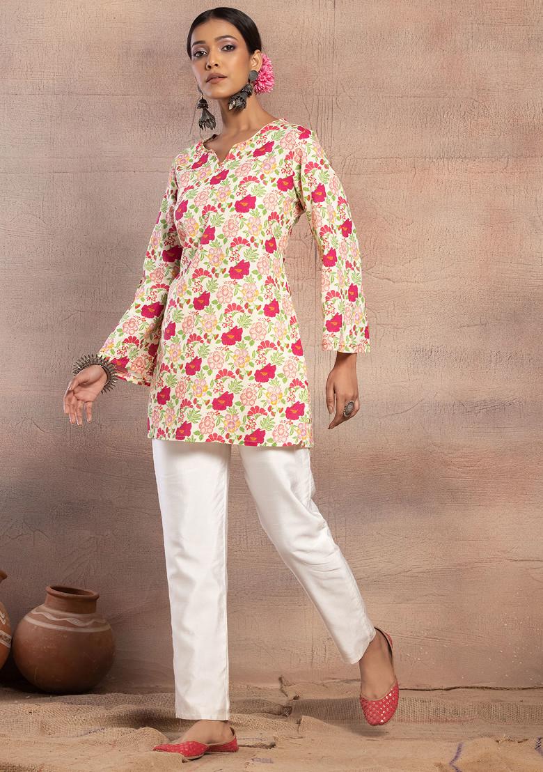 White Botanical Print Rayon Short Kurta