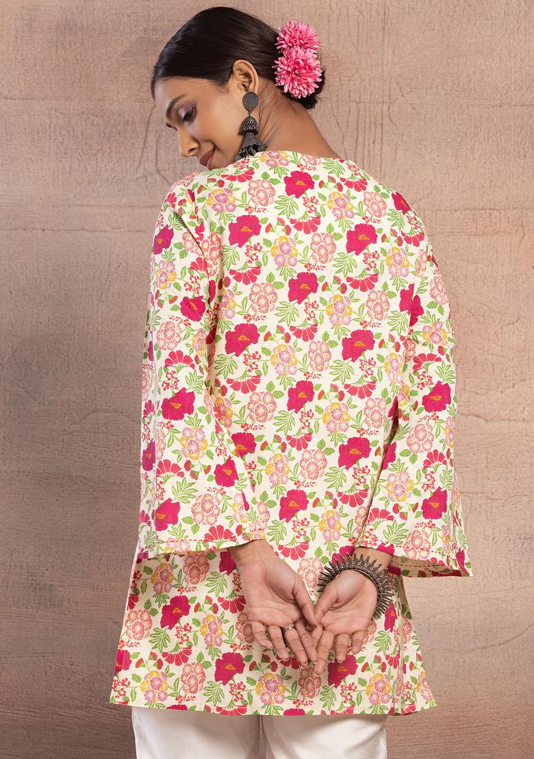 White Botanical Print Rayon Short Kurta