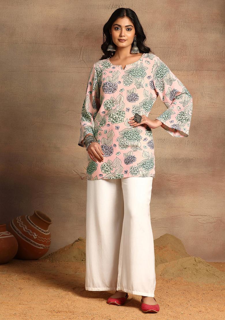 Light Pink Botanical Floral Print Short Kurta