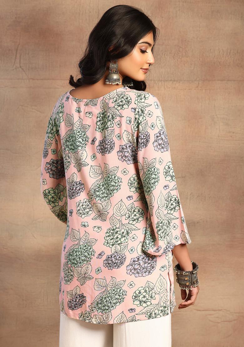 Light Pink Botanical Floral Print Short Kurta