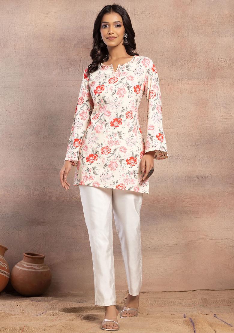 Beige Botanical Print Rayon Short Kurta