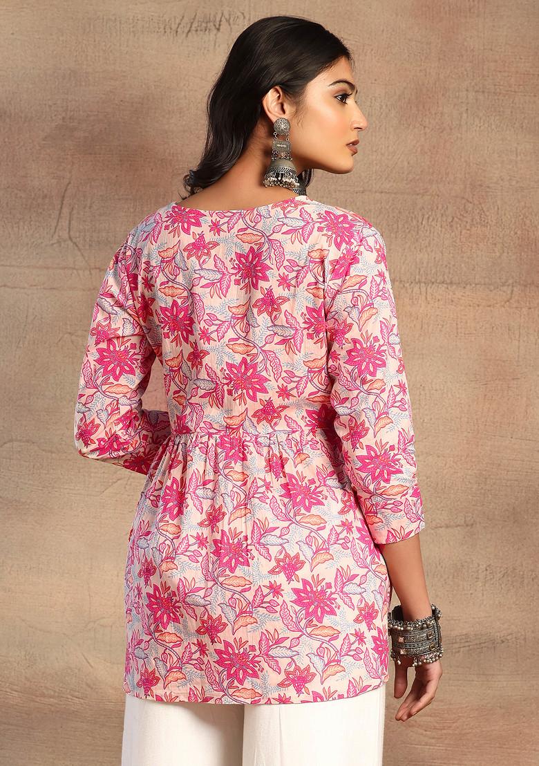 Beige Floral Print Cotton Short Peplum Kurta