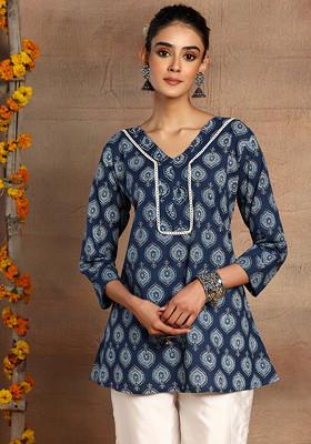 Buy Powder Blue Floral Printed Crepe Front Slit Kurti Online in India