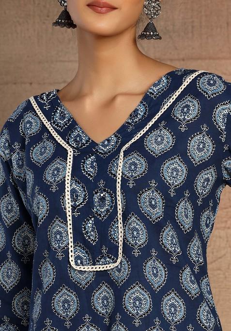 Indigo Color Blue Flower Print Flared Style V-Neck Neckline Pure Cotton Kurta main image 0