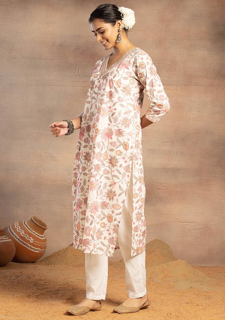 White Floral Print Mirror Work Cotton Kurta